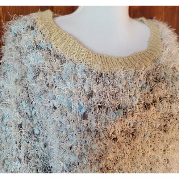 Lauren Michelle Women L Blue Green Fuzzy Pom Pom Sweater Knit Shimmer Lurex Cozy - Picture 5 of 10